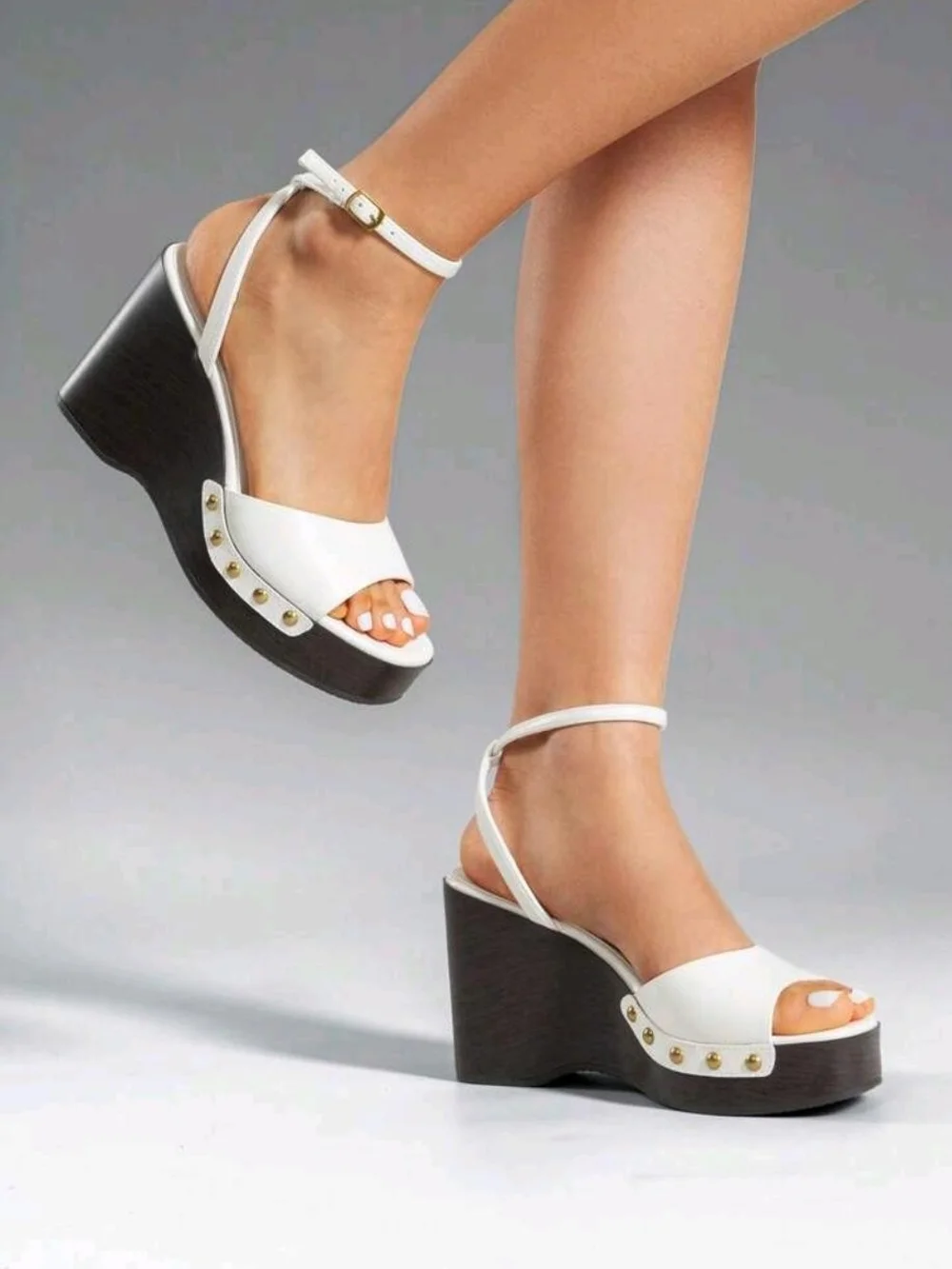 White Platform Wedge Sandals with Ankle Strap